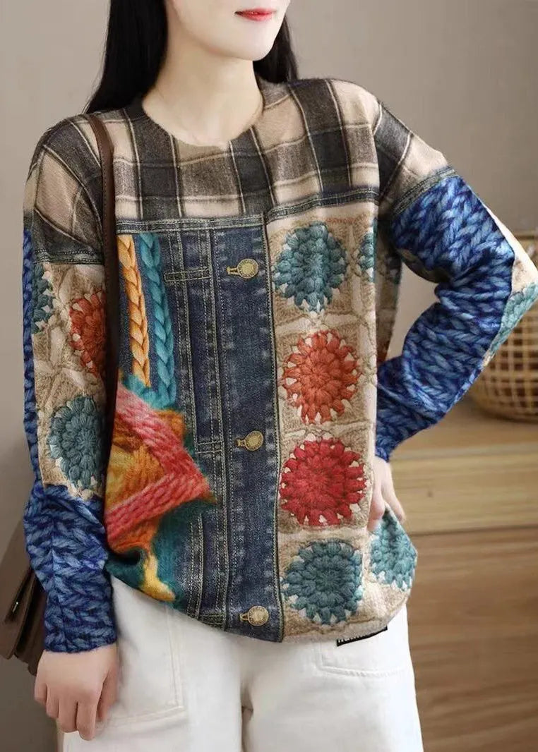 Fitted Oversized Print Mink Hair Knitted Pullover Tops Spring