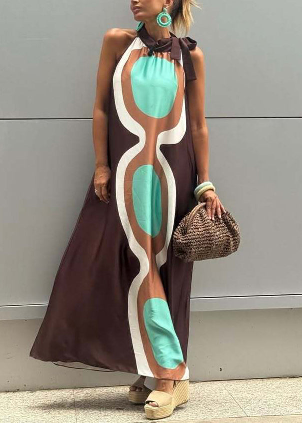 Coffee Lace Up Print Cotton Long Dresses Sleeveless