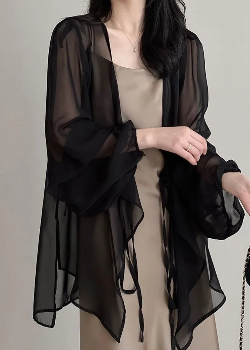 Black V Neck Tie Waist Chiffon Upf 50+ Cardigan Summer