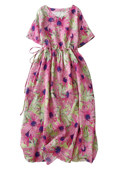 Pink Cinched Print Linen Vacation Dresses Summer