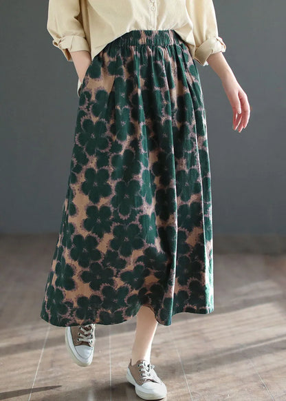 Green Wrinkled Pockets Print Patchwork Cotton Skirts Summer