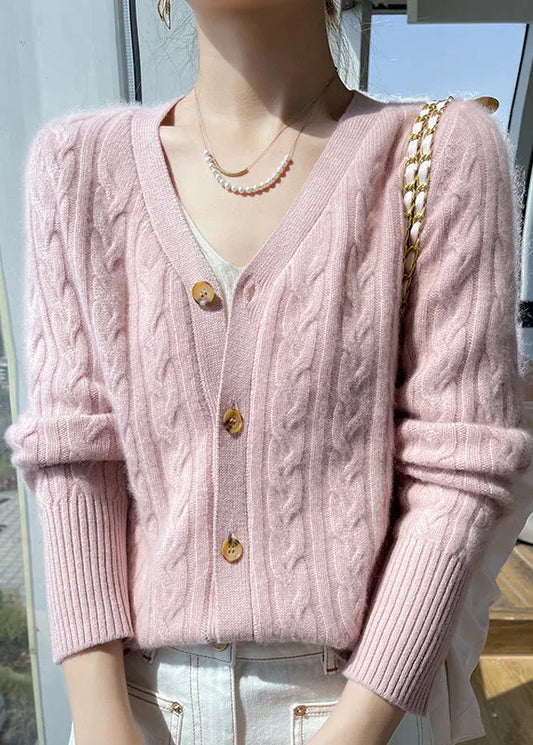 Italian Pink V Neck Cable Wool Knit Cardigans Fall