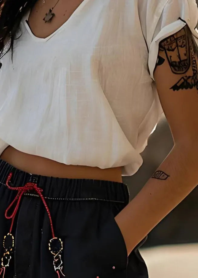 Stylish White V Neck Cotton Short T Shirts Tops Summer