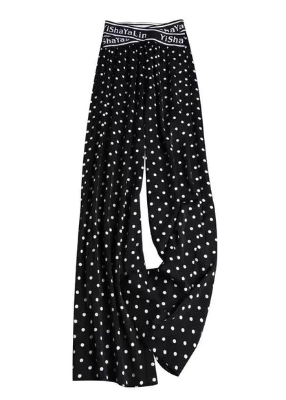 Black Print Elastic Waist Draping Chiffon Wide Leg Pants Summer