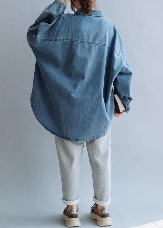 French Low High Design Cotton Shirts Pattern Denim Blue Blouse Fall