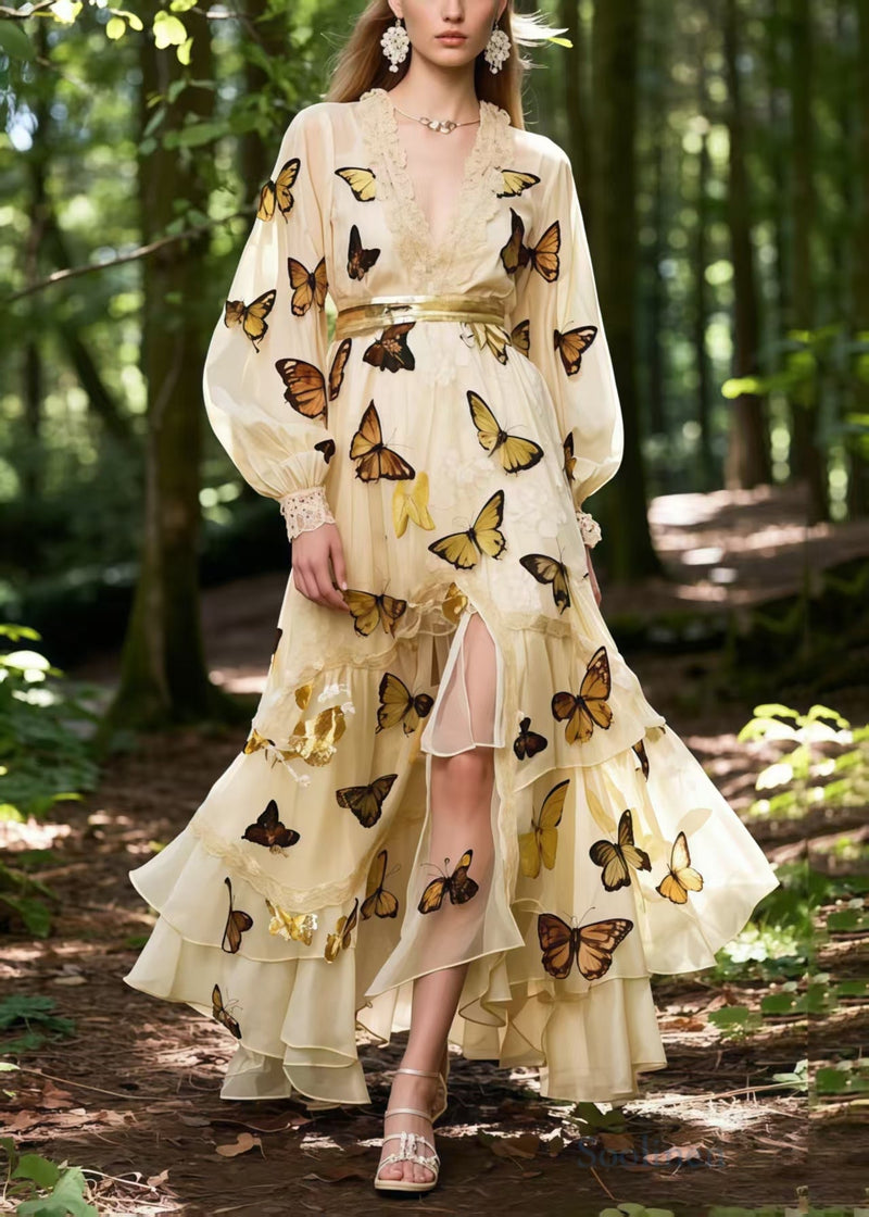 Apricot Butterfly Print Exra Large Hem Chiffon Party Dress Spring