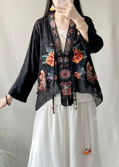 Black Linen Silk Cardigans Embroideried V Neck Tasseled Spring