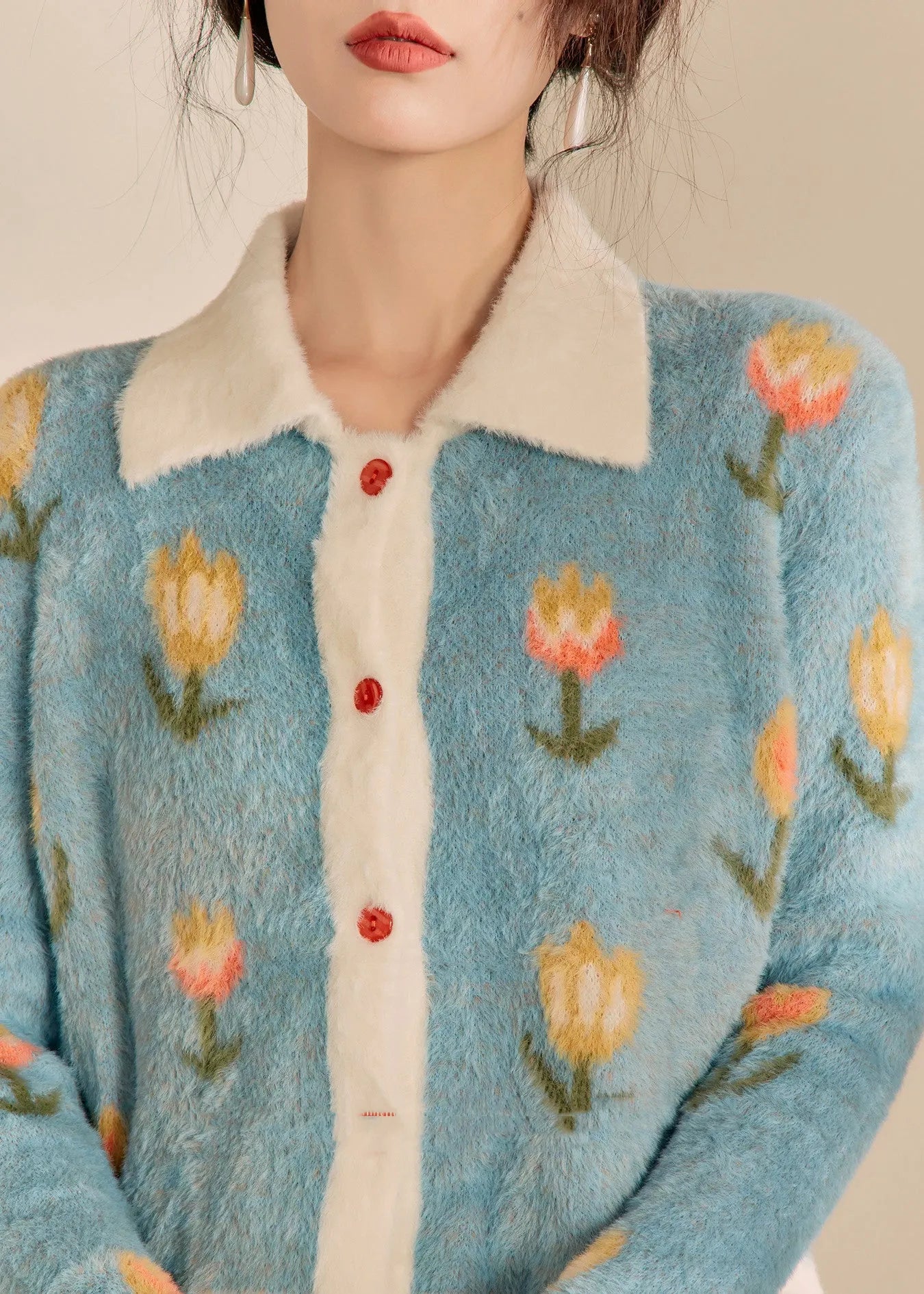 Modern Blue Peter Pan Collar Print Cotton Knit Cardigan Winter