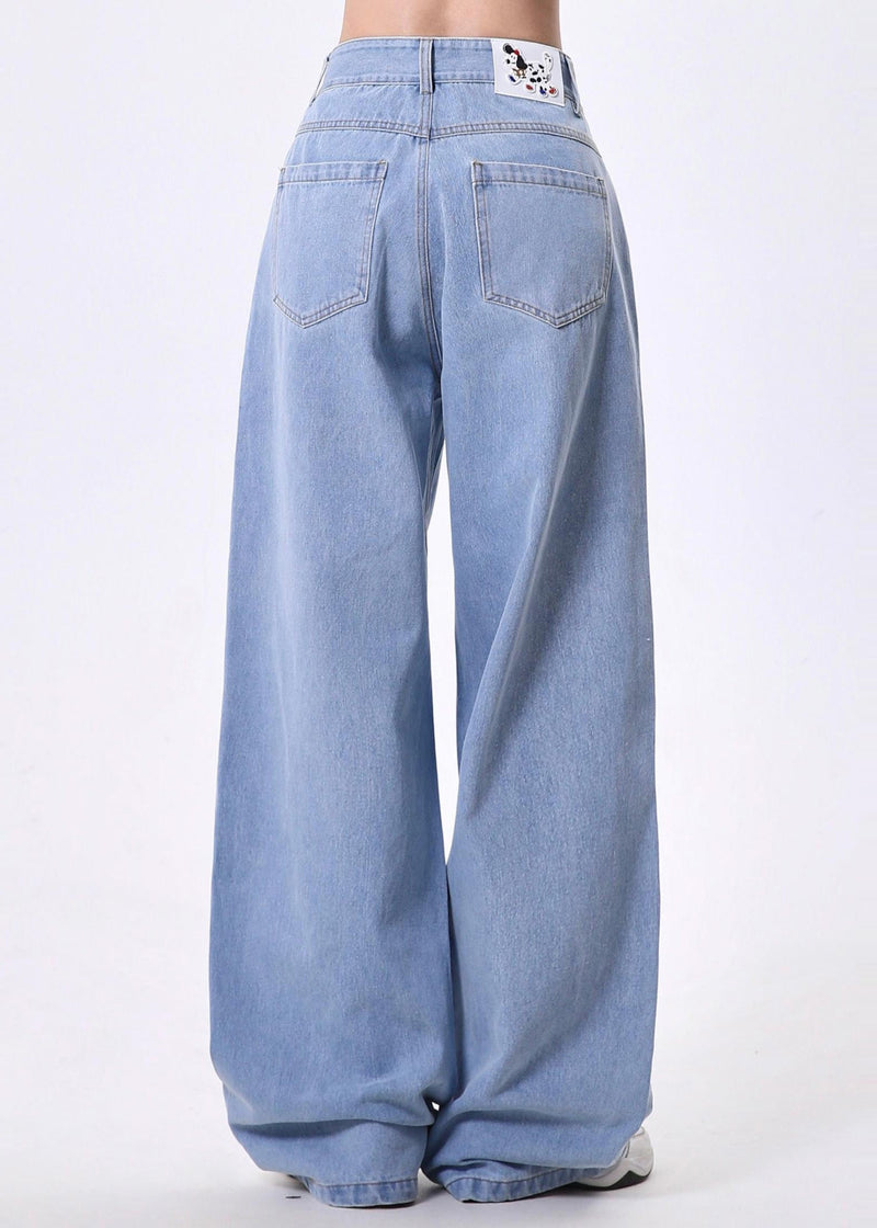 Diy Blue Animal Embroidered Denim Straight Pants Spring