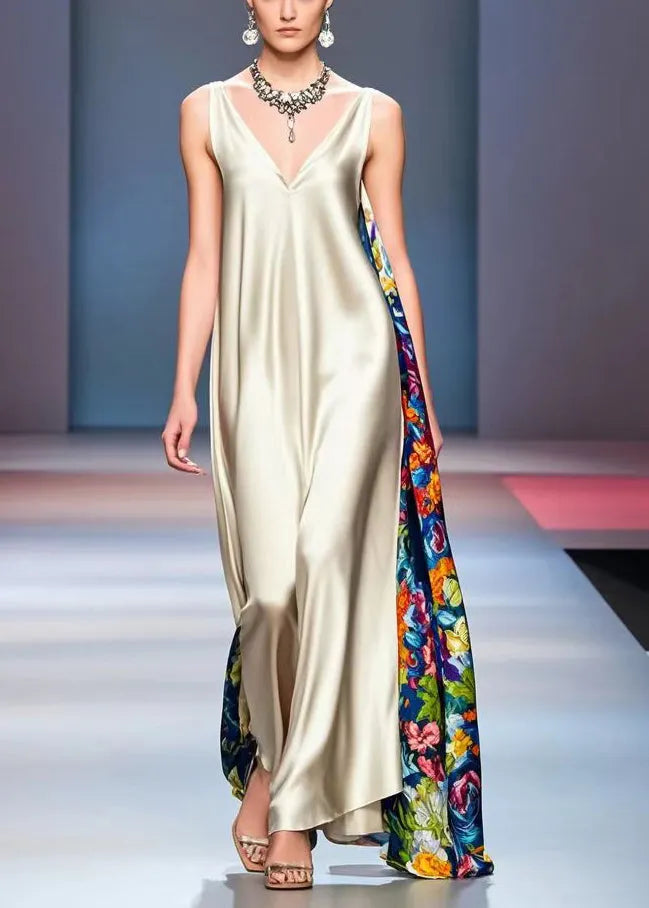 Champagne Asymmetrical Patchwork Print Silk Long Dress Sleeveless