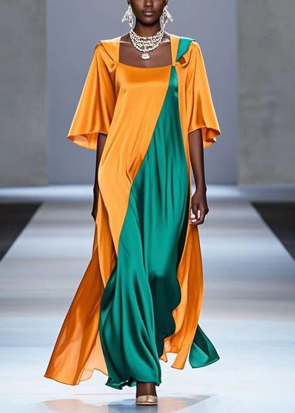 Yellow Oversized Patchwork Silk Maxi Dress Summer