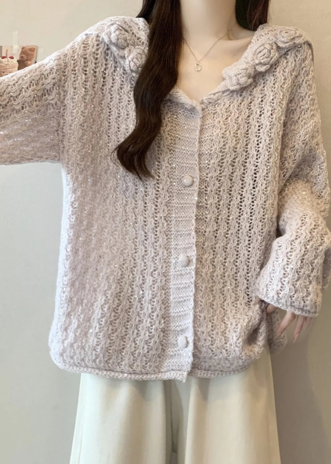 Classy Lavender Sailor Collar Knit Cardigan Fall