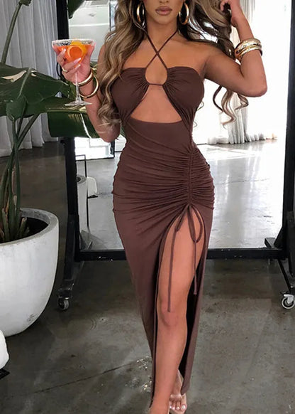 Hot Girl Mulberry Side Open Cinched Hanging Neck Long Skirt