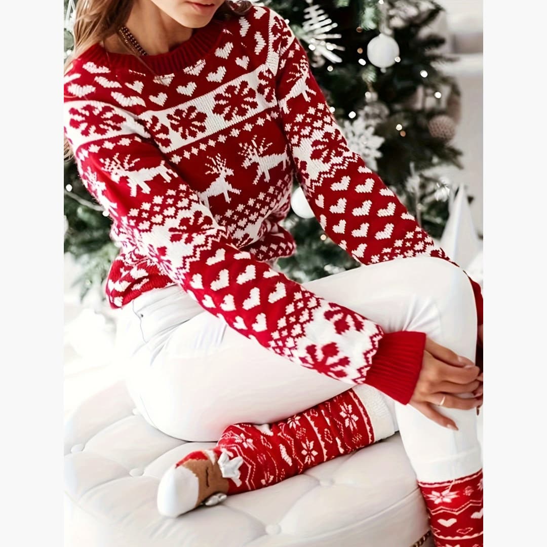 Comfortable Elegant Red Reindeer Snowflake Crew Neck Sweater