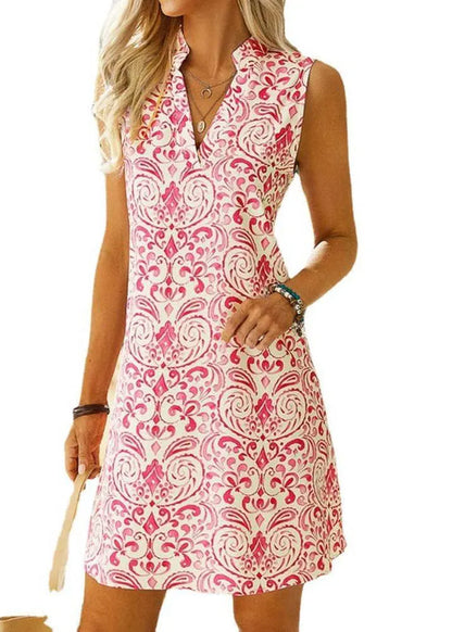 Stylish Pink V Neck Print Cotton Mid Dress Sleeveless
