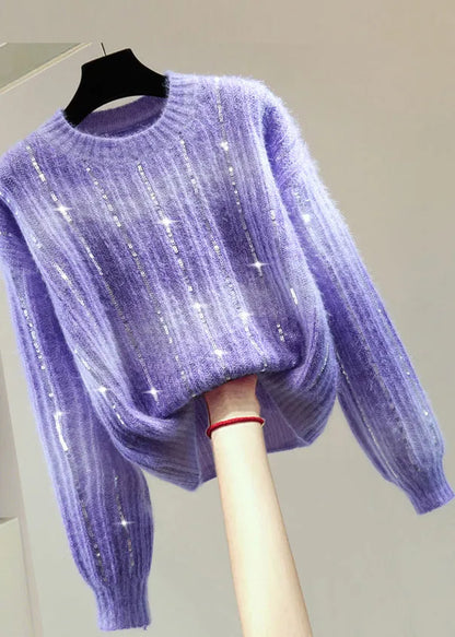 Modern Purple O-neck Sequins Cotton Knit Sweater Winter
