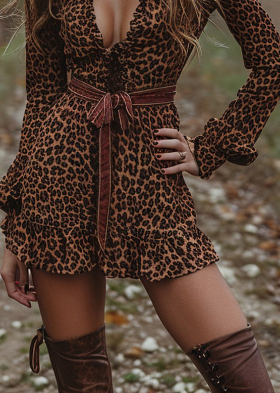 Leopard Ruffled Cotton Mini Dresses Long Sleeve