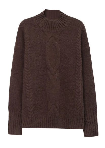 Coffee Half Hign Neck Thick Patchwork Knitted Sweaters Fall