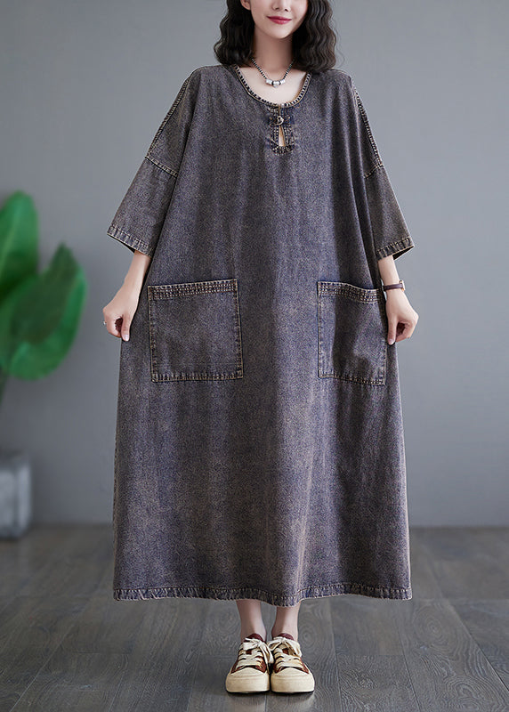 Patchwork Pockets Holiday Denim Long Dress Bracelet Sleeve