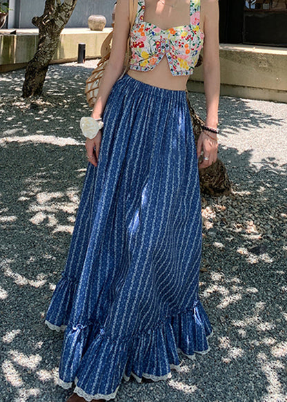 Blue Ruffled Print Elastic Waist Cotton Maxi Skirts Summer