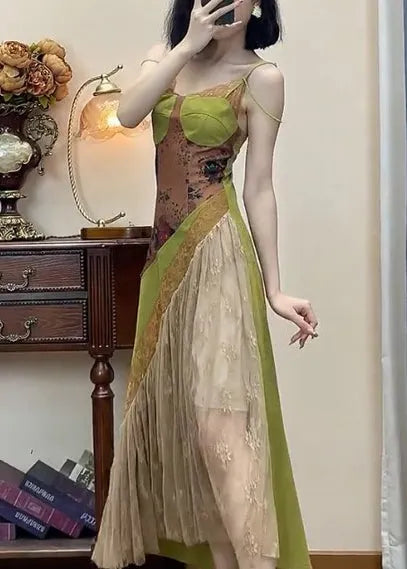 New Green Lace Patchwork Spaghetti Strap Dress Sleeveless