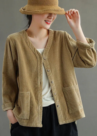 Khaki Button V Neck Corduroy Coats Spring