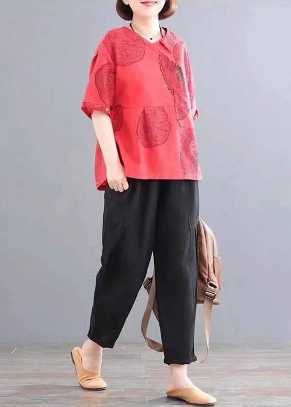 Red Patchwork Pockets Top and Crop Pants Two Piece Set Summer