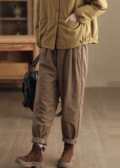 Loose Coffee Pockets Elastic Waist Fine Cotton Filled Pants Winter