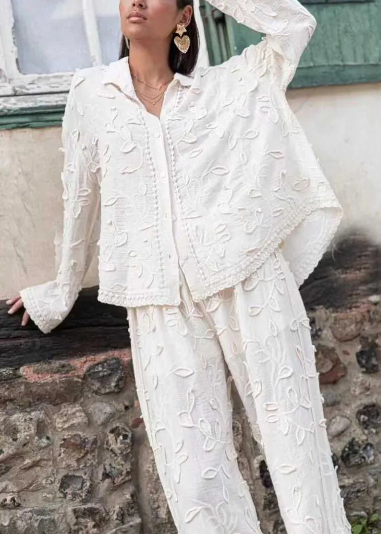 Jacquard White Button Cotton Shirts and Pants Sets 2 Pieces Long Sleeve