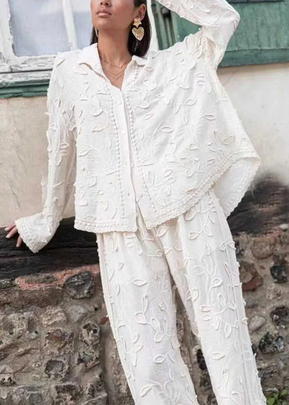 Jacquard White Button Cotton Shirts and Pants Sets 2 Pieces Long Sleeve