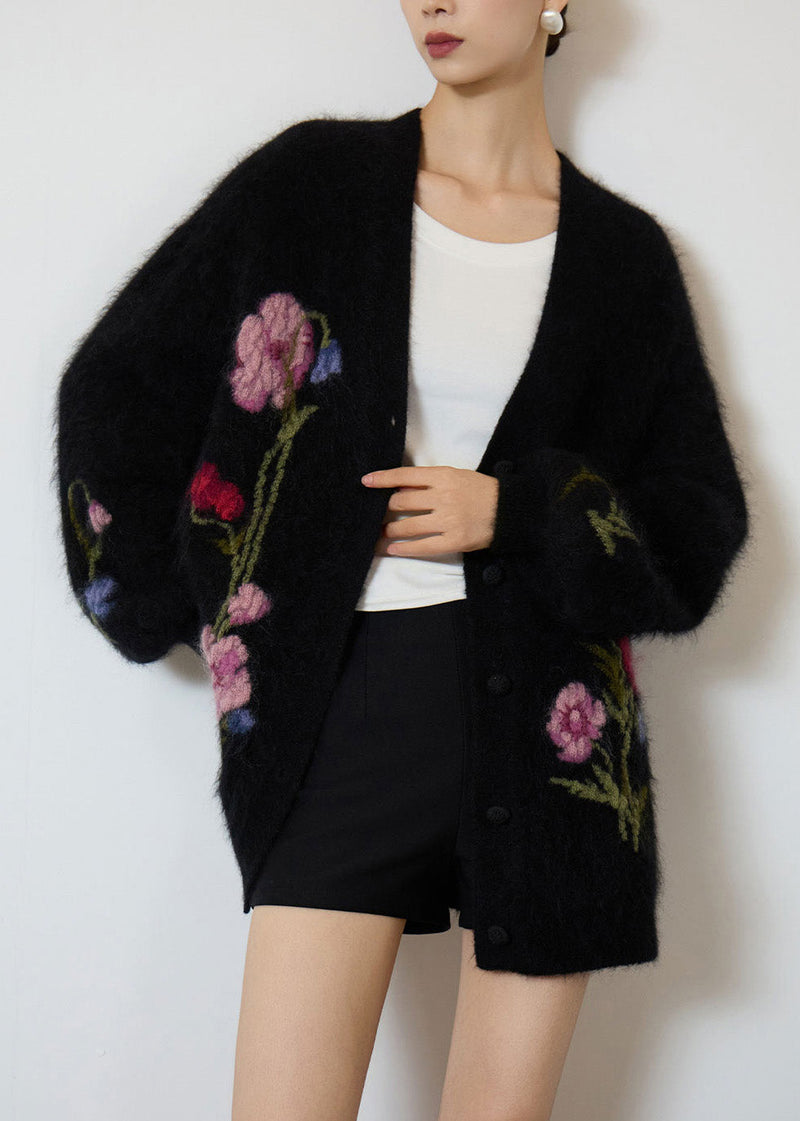 Black V Neck Embroidered Knit Coat Fall