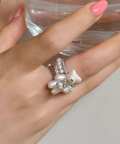 Diy White Stainless Steel Zircon Layered Little Bear Rings