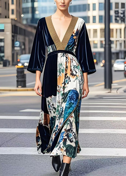 Dark V Neck Print Silk Velvet Cinched Dress Fall