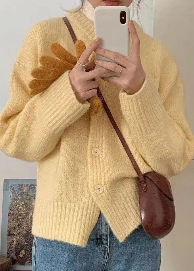 Italian Yellow O Neck Button Cotton Knit Coat Fall