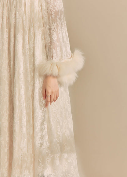 Chinese Style Beige Stand Collar Patchwork Button Long Dress Fall