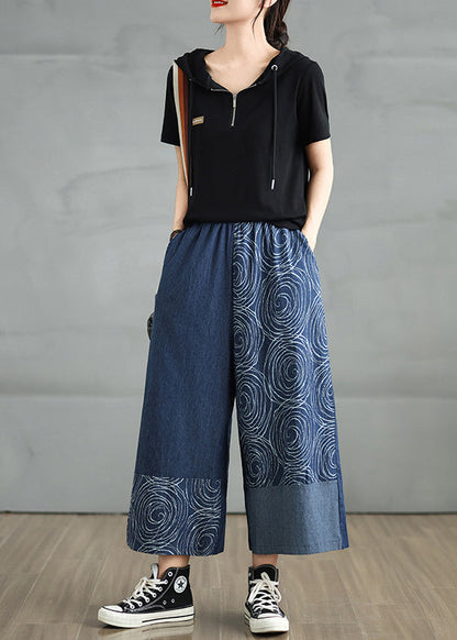 Navy Asymmetrical Print Denim Pants Summer