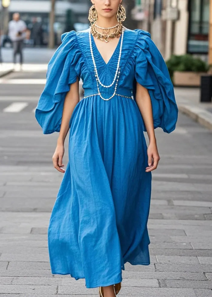 Royal Blue V Neck Wrinkled Cotton Dress Butterfly Sleeve
