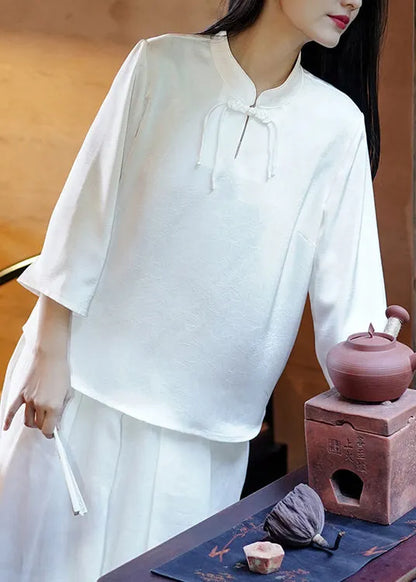 Loose White Stand Collar Tassel Silk Top Spring