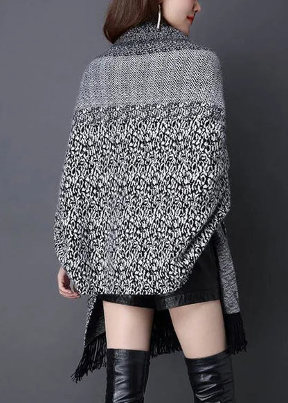 Grey V Neck Tasseled Patchwork Knit Cardigans Fall