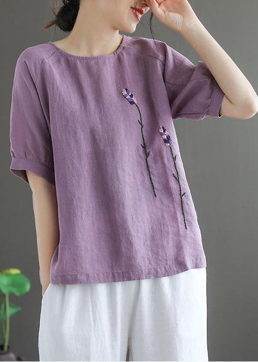Purple Embroidered Linen Tops O-neck Short Sleeve