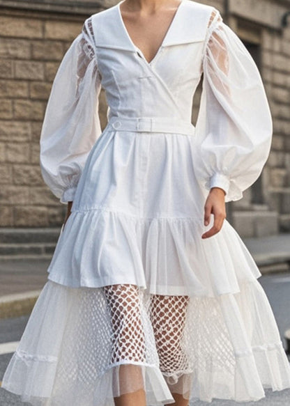 White V Neck Patchwork Tulle Cotton Dress Puff Sleeve