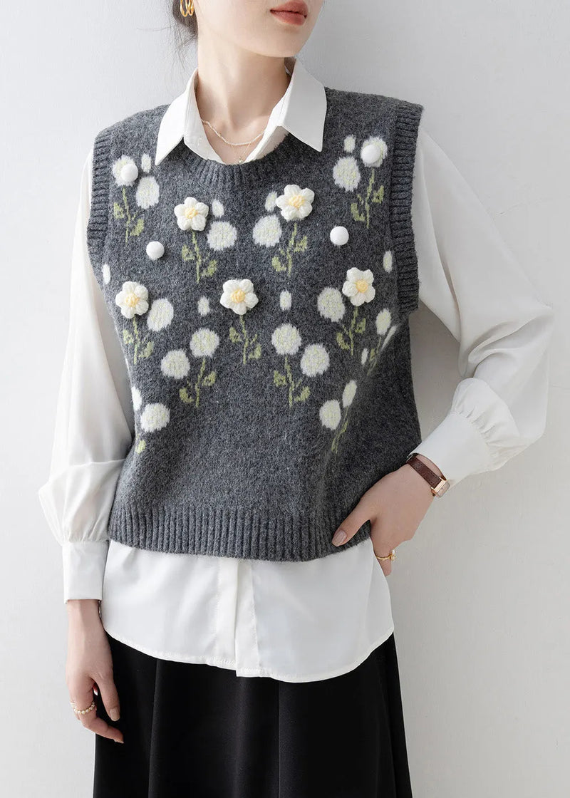 Dark Grey O Neck Knit Vest Sleeveless