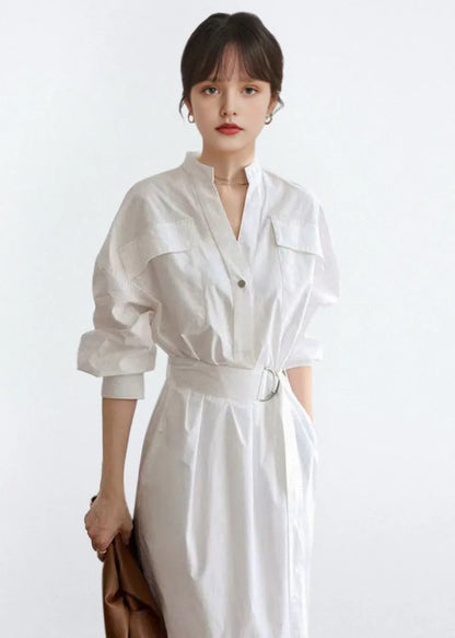 White V Neck Tie Waist Cotton Shirts Dress Fall