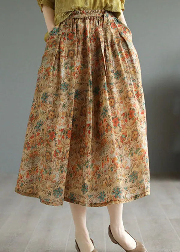 Retro Khaki Wrinkled Pockets Print Patchwork Linen Skirts Summer