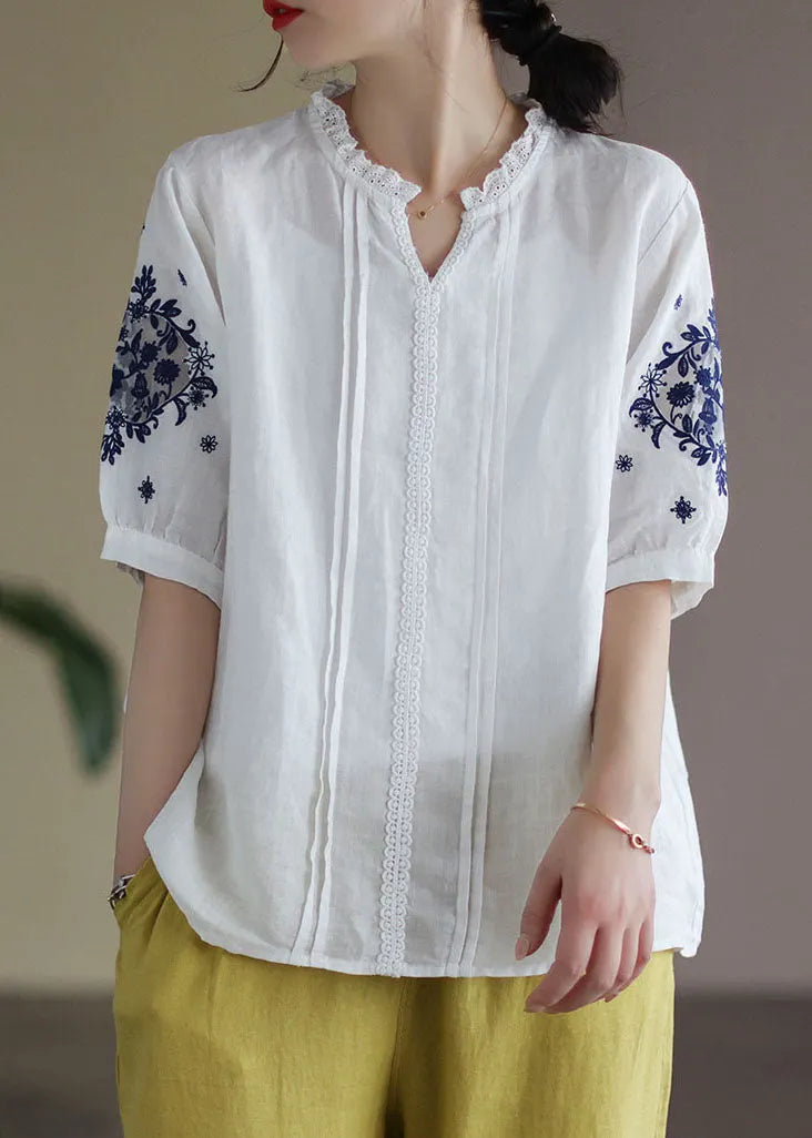White V Neck Lace Patchwork Linen Shirt Top Short Sleeve