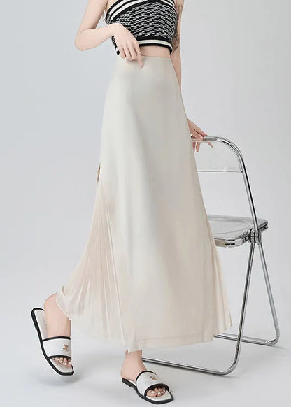 French Beige High Waist Draping Chiffon Pleated Skirt Fall