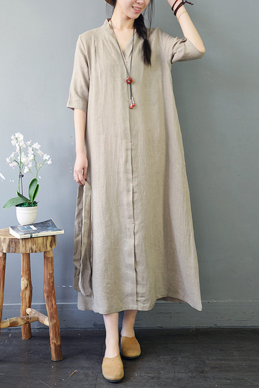 Summer Retro Linen Long Dress Loose 3/4 Sleeve Dress