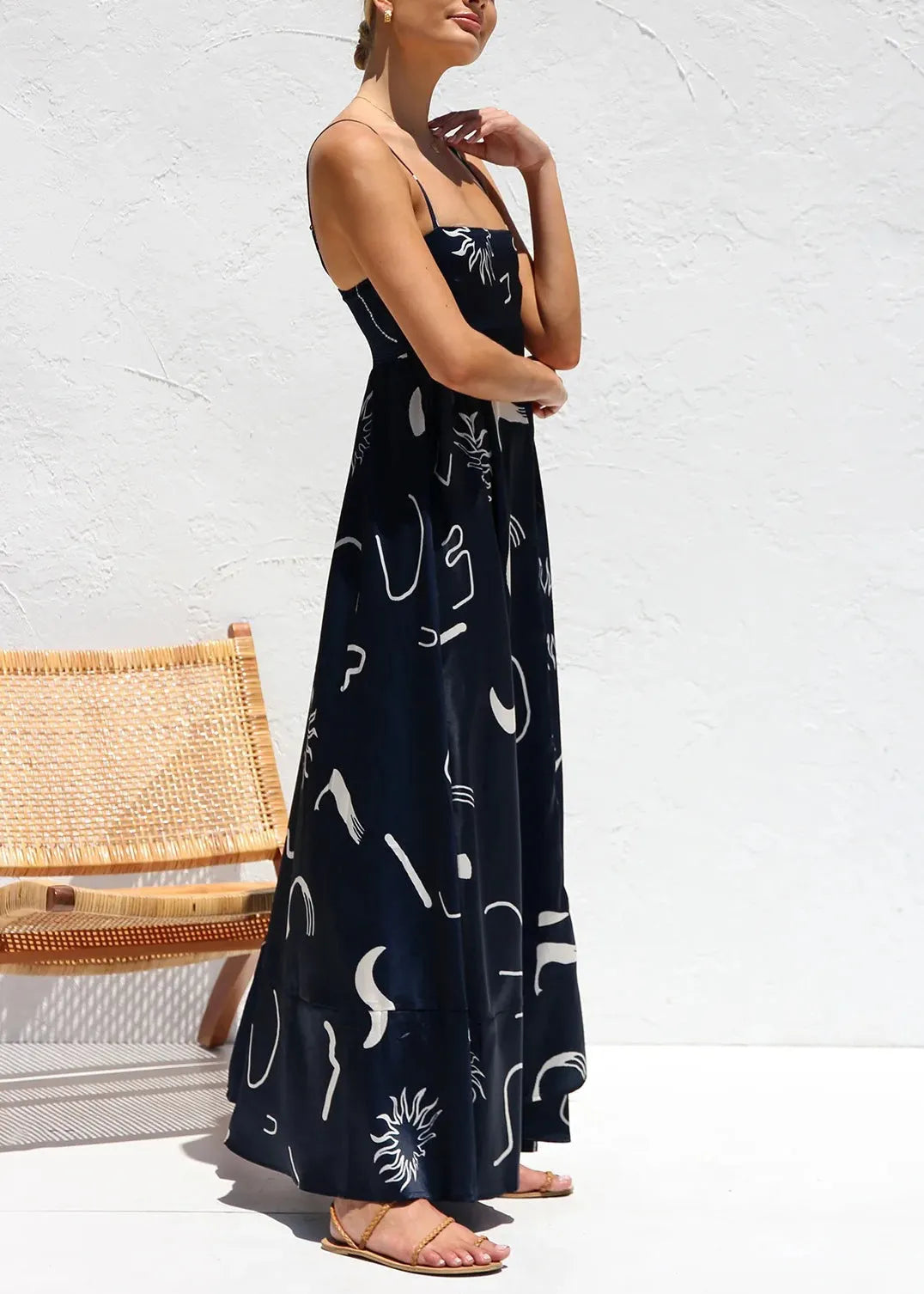 Navy Print Cotton Spaghetti Strap Dress Summer