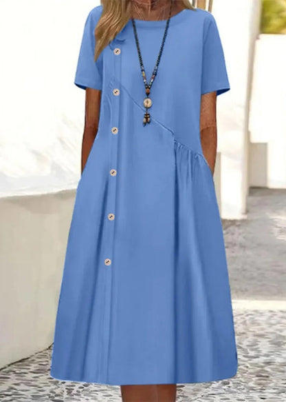 Blue O Neck Pockets Patchwork Cotton Dress Summer