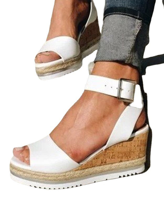 White Sandals Wedge Faux Leather Splicing Peep Toe